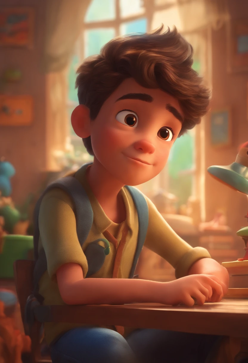 Image of a boy for a story in a YouTube video in Pixar format, He's the allabester, He's the class leader, He's outgoing, Playful and gets up for a lot of things