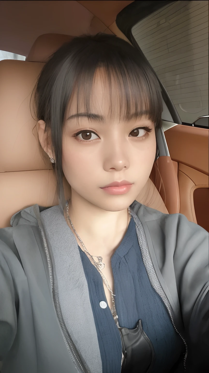 Arafed asian woman with a grey jacket and sunglasses in a car, Lalisa Manobal, Asian face, com franja, young cute wan asian face, south east asian with round face, franja fofa, com franja completa, Asian girl, Beautiful Asian girl, detailed face of a asian girl, cabelo arrumado com franja, O corte Hime, foto do perfil