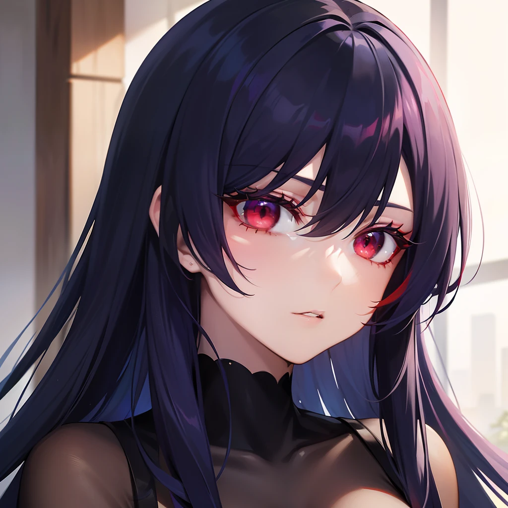 A pretty beautiful lady, with deep red eyes and long wolfcut midnight blue hair, looking at you in annoyance, a human, modern era.