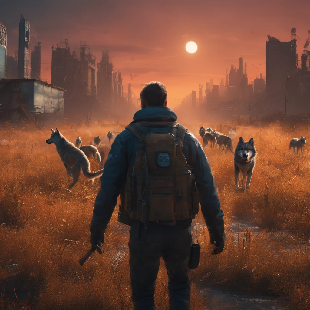 Johnnylawrence person in a dystopian field with rabid wolves behind him.