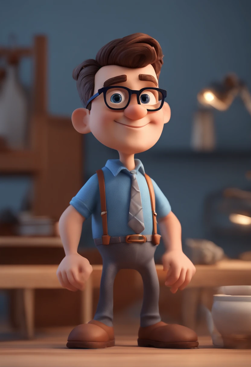 Cartoon character of a man with black glasses and a blue shirt, animation character, Caractere estilizado, animation style rendering, 3D estilizado, Arnold Maya render, 3 d render stylized, toon render keyshot, Personagem 3D, Personagem 3D, 3d rendering stylized, 3 d character render, personagem de desenho animado, Personagem de close up, Pose de personagem,  (Estilo Pixar) (master part:1.2) (Bokeh) (best quality) (pele detalhada) (textura detalhada) (8k) (argila) (Cinematic lighting) (foco nítido