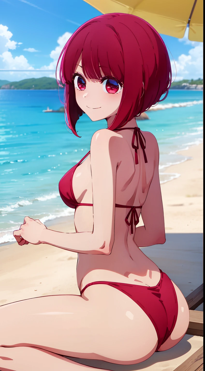 ​masterpiece、ighly detailed、(1 girl in:1.2)、Red hair、Learn uniforms、big eye、a closeup、A smile、8K、short-hair、(((anime styled)))、Shining eyes, bikini, small boobs, beach, wind, (crawling), ((ass)), spreading legs