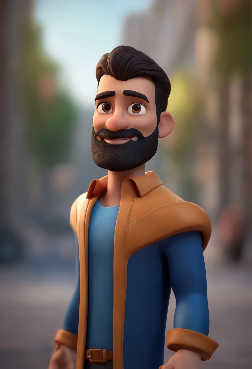 Personagem de desenho animado de um homem usando uma camisa azul, com barba bem alinhada, cabelos pretos, um personagem animado, Caractere estilizado, animation style rendering, 3D estilizado, Arnold Maya render, 3 d render stylized, toon render keyshot, Personagem 3D, Personagem 3D, 3d rendering stylized, 3 d character render, personagem de desenho animado, Personagem de close up, Pose de personagem, (Estilo Pixar) (master part:1.2) (Bokeh) (best quality) (pele detalhada) (textura detalhada) (8k) (argila) (Cinematic lighting) (foco nítido，Senta e vaza a parte superior do corpo