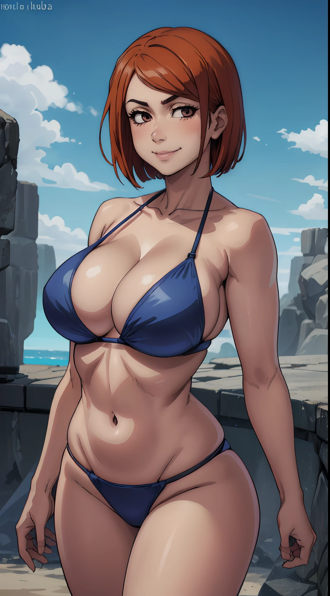 (best quality:1.3), (4K quality), Nobara Kugisaki by jujutsu no kaisen, ((detailed face)),((smile)), ((curvy body)), (big breasts), sexy, (( cut hair )), ((thong bikini cleavage)), ((blue sky))