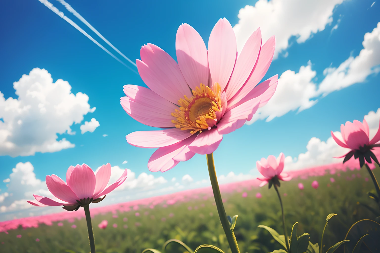 Pink flowers blooming in a field against the background of a blue sky, cosmos in the background, cosmos, Miniature Cosmos, pink flowers, surrounded flower, field of pink flowers, pink flowers, heaven pink, Pink petals fly, Tender flowers, flowers background, The sky is pink, Pink petals, background natural flower, Beautiful flowers grow, Low Angle 8K HD Nature Photography