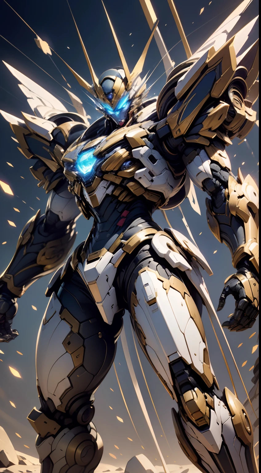 Masterpiece from Canon EOS R6, (Best Quality), (Mecha: 1.3AND Saint Seiya), (Transparent Eight Crystals: 0.4), Battle Stance, Playful Smile, (((Masterpiece)), (Detail: 1.4), Panorama, Wide Angle, Cinematic Lighting, (White: 1.5|Blue), (Glow Special Effects: 0.5), Solo, Glow Sword: 0.3, Textured Skin, 3D, HDR, Maximum Image Quality 16K, Crazy Detail, David La Chapelle style lens, Professional RAW Color Photos, Ray Tracing, Surrealist Detailing, Unreal Engine 5, Harry Winston: 0.3, Beautiful Detailed Eyes, Looking at Viewer, naughty_face,