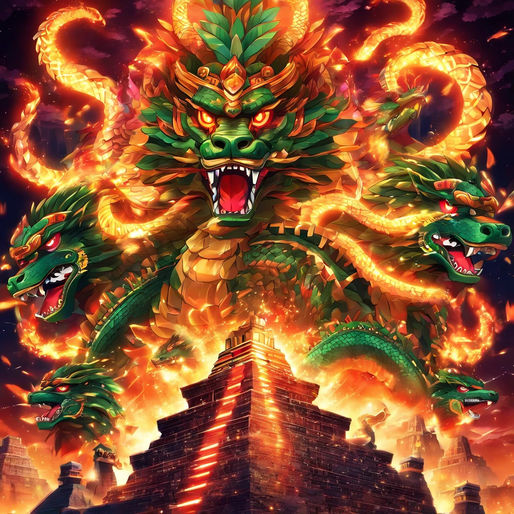 (((Quetzalcoatl))), Dios Mexica, Serpiente, Rodeando una piramide, luz de sol, Obra maestra
