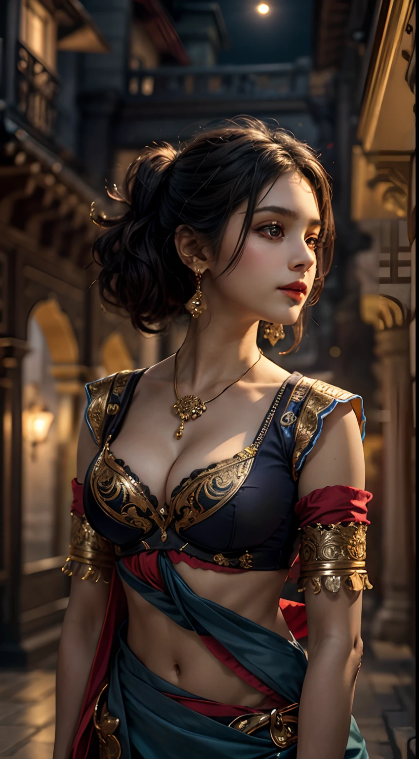 walking in a moonlit courtyard, exotic girl, indian, looking at the viewer, shining skin, perfect lighting, the embodiment of grace and elegance, (saree and bra), (Big Tits:0.5), cleavage, clear curvy details, beautiful curves, detailed eyes, detailed pupil, volumetric lighting, Ultra Detailed, unity 8k wallpaper, ultra detailed, aesthetic, masterpiece, best quality, photorealistic