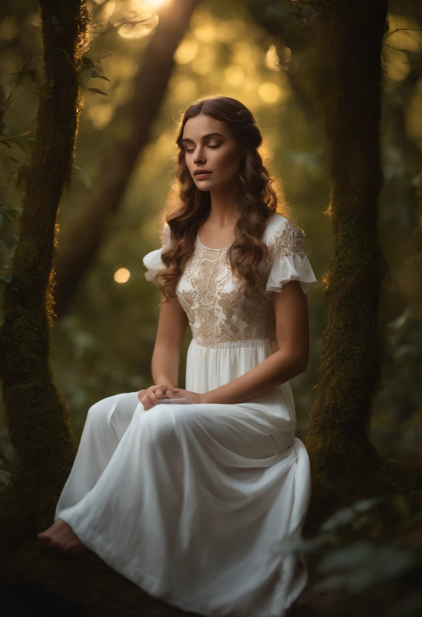Uma foto profissional de alta qualidade, in 4k resolution, captura em detalhes realistas uma garota encantadora em um pijama branco fofo com orelhas e rabo de raposa. She's sitting in the middle of an enchanted forest, where each element is portrayed to perfection. As texturas do pijama, ears and tail are sharp and palpable. A luz do sol incide sobre as folhas e ilumina suavemente o rosto da , highlighting every delicate and charming expression