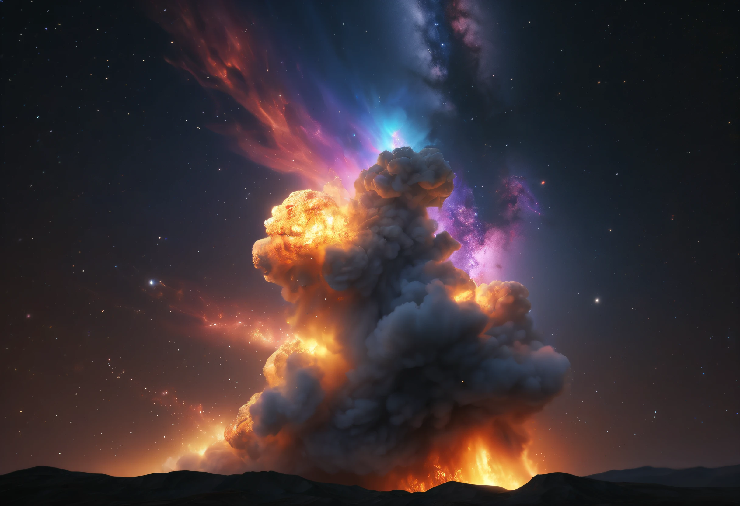 (best quality,4k,8k,highres,masterpiece:1.2),ultra-detailed,(realistic,photorealistic,photo-realistic:1.37),close-up, vibrant colors,minimalist style,dramatic lighting,dynamic composition,shimmering effect,streaking flames,scattered debris,starry background,Milky Way galaxy,ethereal glow,impact zone,exploding fragments,fiery tail,shooting across the sky,elegant celestial beauty,cosmic spectacle,awe-inspiring moment,captivating intensity