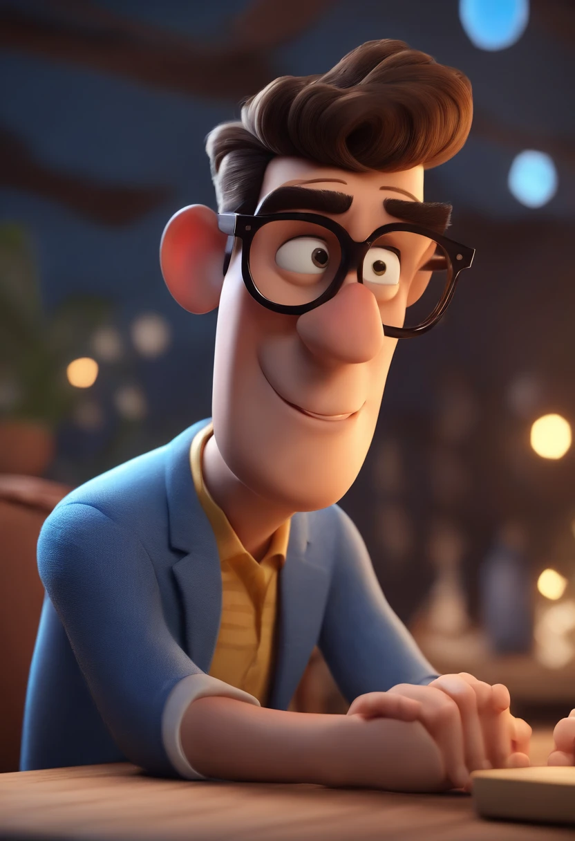 Cartoon character of a man wearing black glasses and a blue shirt, um personagem animado, Caractere estilizado, animation style rendering, 3D estilizado, Arnold Maya render, 3 d render stylized, toon render keyshot, Personagem 3D, Personagem 3D, 3d rendering stylized, 3 d character render, personagem de desenho animado, Personagem de close up, Pose de personagem, (Estilo Pixar) (master part:1.2) (Bokeh) (best quality) (pele detalhada) (textura detalhada) (8k) (argila) (Cinematic lighting) (foco nítido，Senta e vaza a parte superior do corpo