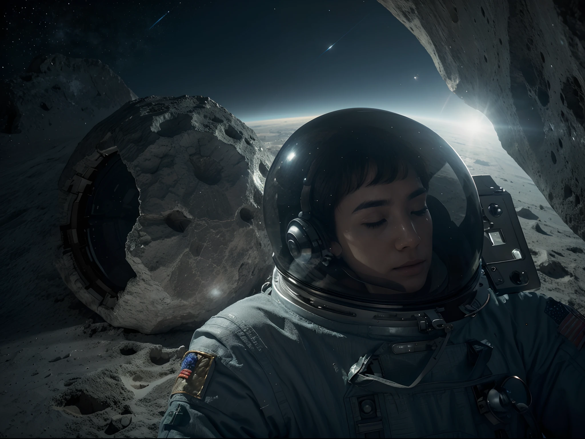 Imagine a serene scene in the outer reaches of space, with an astronaut floating weightlessly in front of an ancient, massive asteroid. Render this in 8K resolution, emphasizing the intricacies of the astronaut's suit and the texture of the asteroid's surface, making us feel the vastness and tranquility of the cosmos.