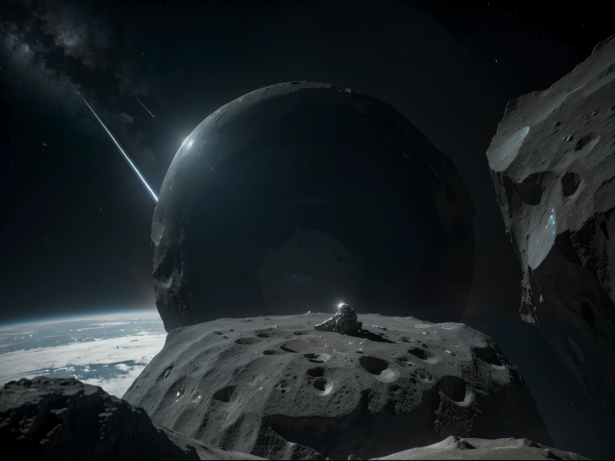 Imagine a serene scene in the outer reaches of space, with an astronaut floating weightlessly in front of an ancient, massive asteroid. Render this in 8K resolution, emphasizing the intricacies of the astronaut's suit and the texture of the asteroid's surface, making us feel the vastness and tranquility of the cosmos.