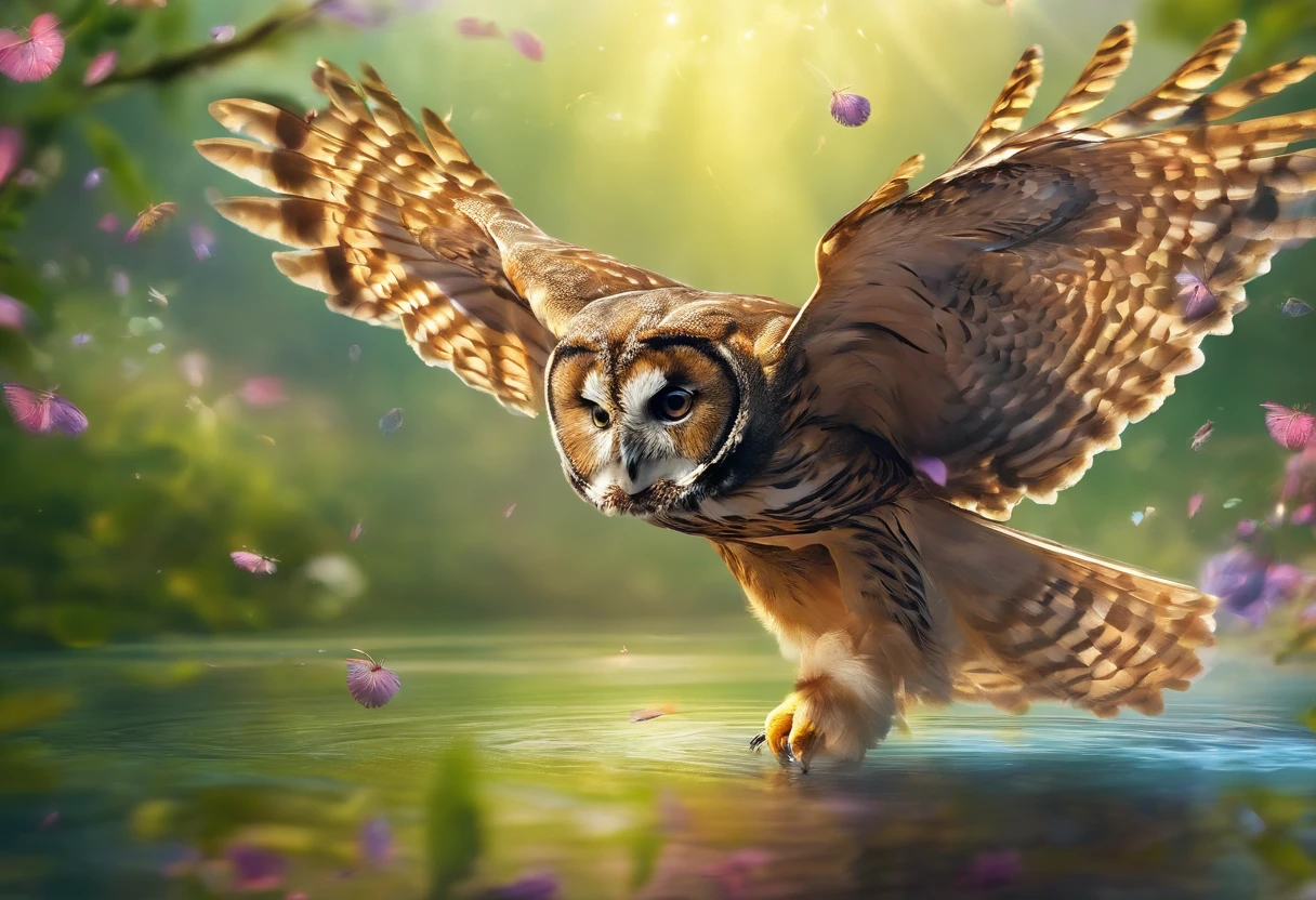 The owl catches a mouse and flies over the water，inverted image，Sharp focus，Bokeh，depth of fields，Works of masters，super-fine，Hyper-realistic，8K，Best picture quality，Detailed description