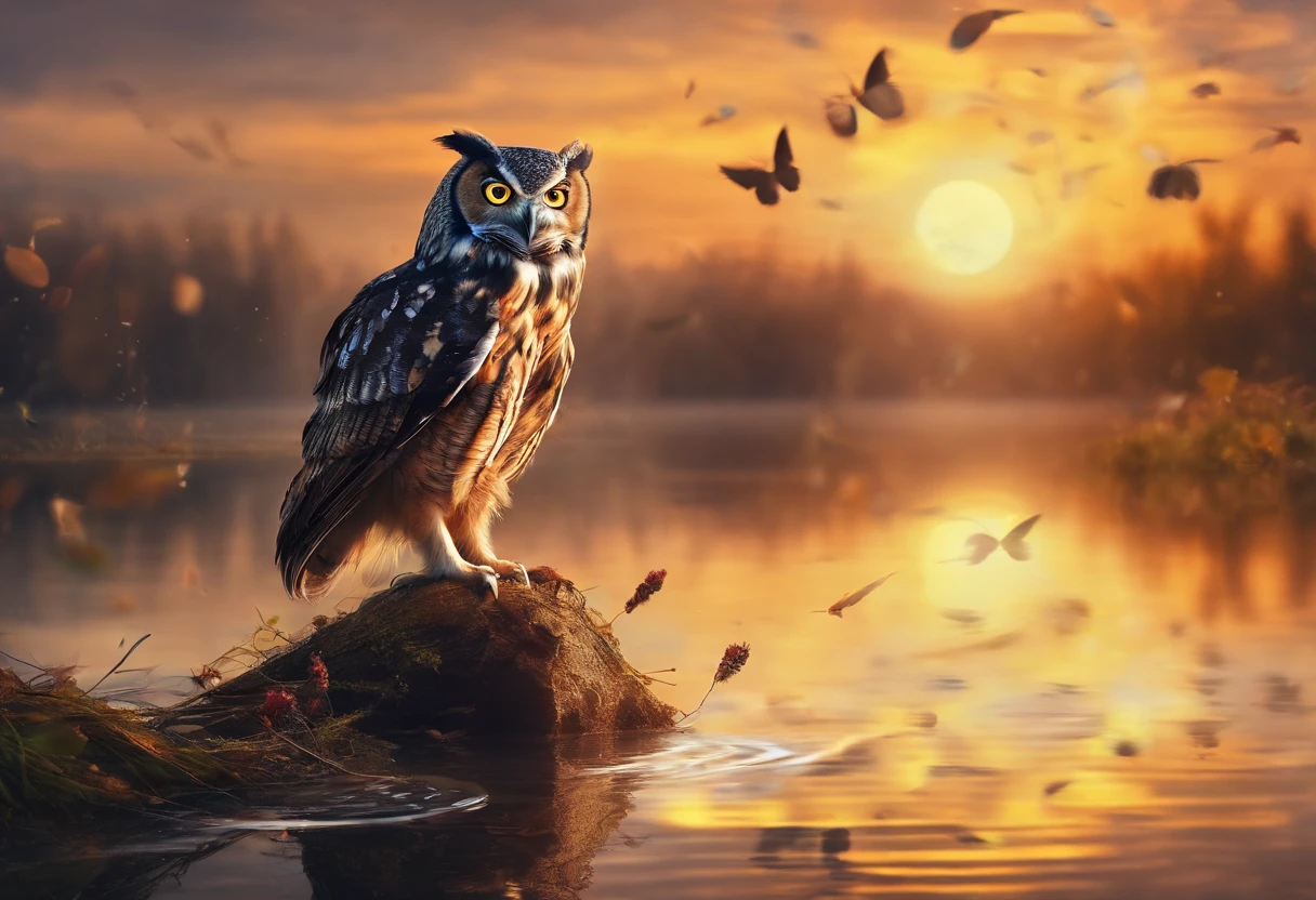 The owl catches a mouse and flies over the water，inverted image，Sharp focus，Bokeh，depth of fields，Works of masters，super-fine，Hyper-realistic，8K，Best picture quality，Detailed description