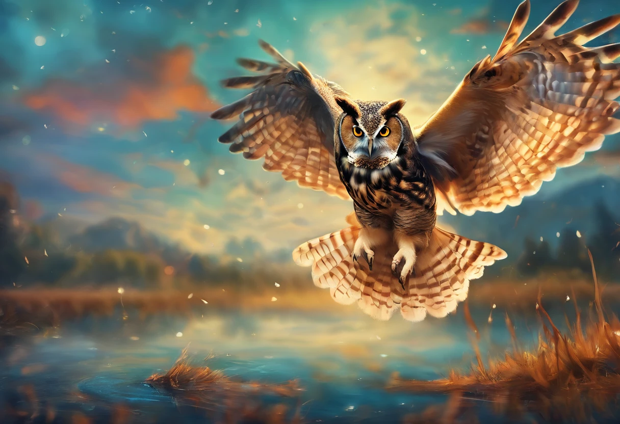 The owl catches a mouse and flies over the water,inverted image,Sharp focus,Bokeh,depth of fields,Works of masters,super-fine,Hyper-realistic,8K,Best picture quality,Detailed description