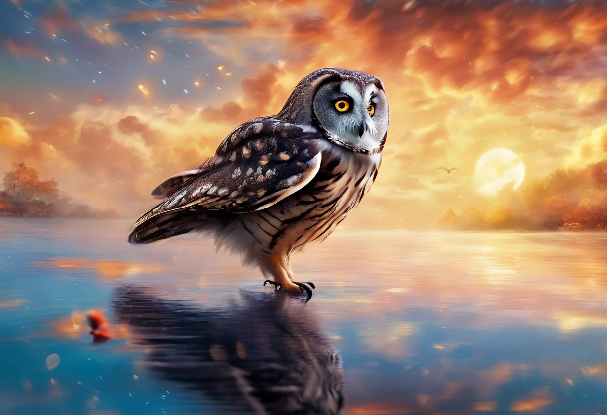 The owl catches a mouse and flies over the water,inverted image,Sharp focus,Bokeh,depth of fields,Works of masters,super-fine,Hyper-realistic,8K,Best picture quality,Detailed description