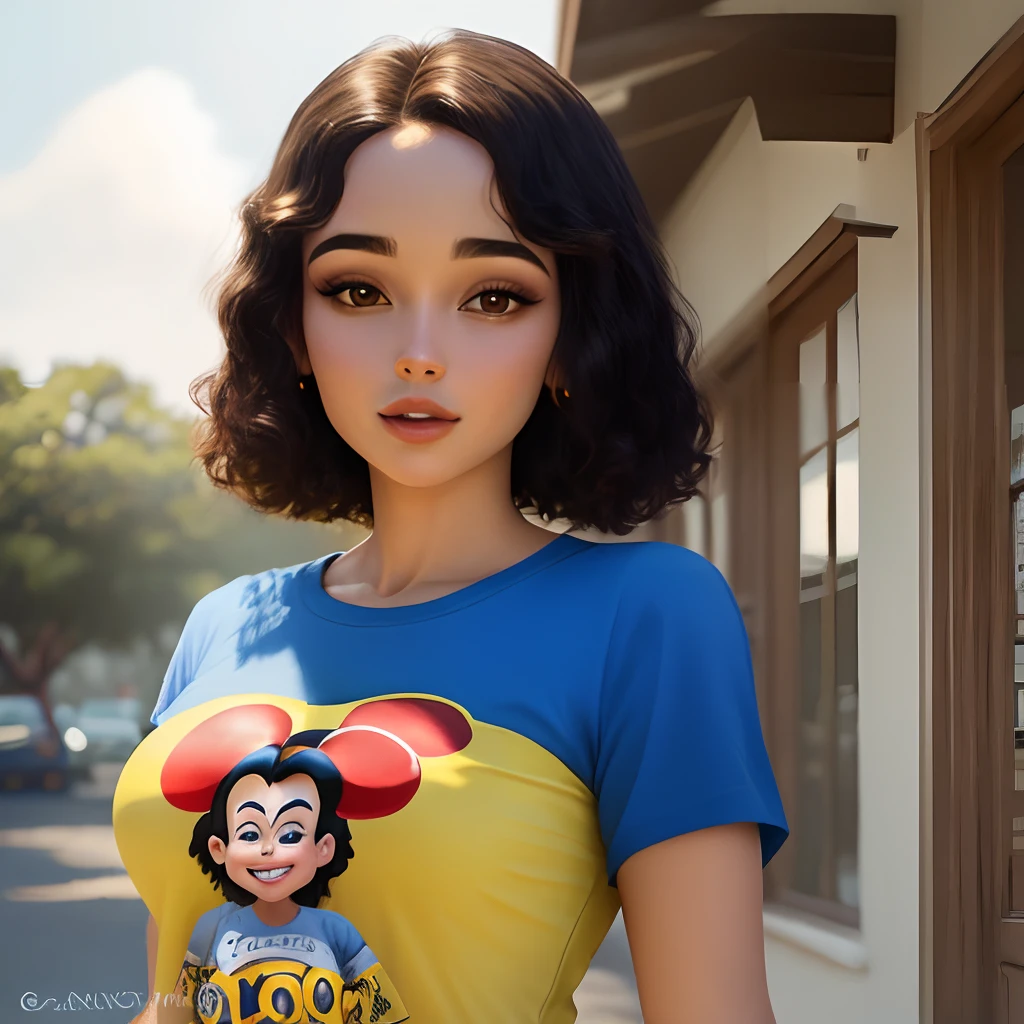 Mulher morena do cabelo preto, garota de 10 anos vestido amarelo, homem de blusa azul e bermuda creme e um pouco calvo, disney pixar