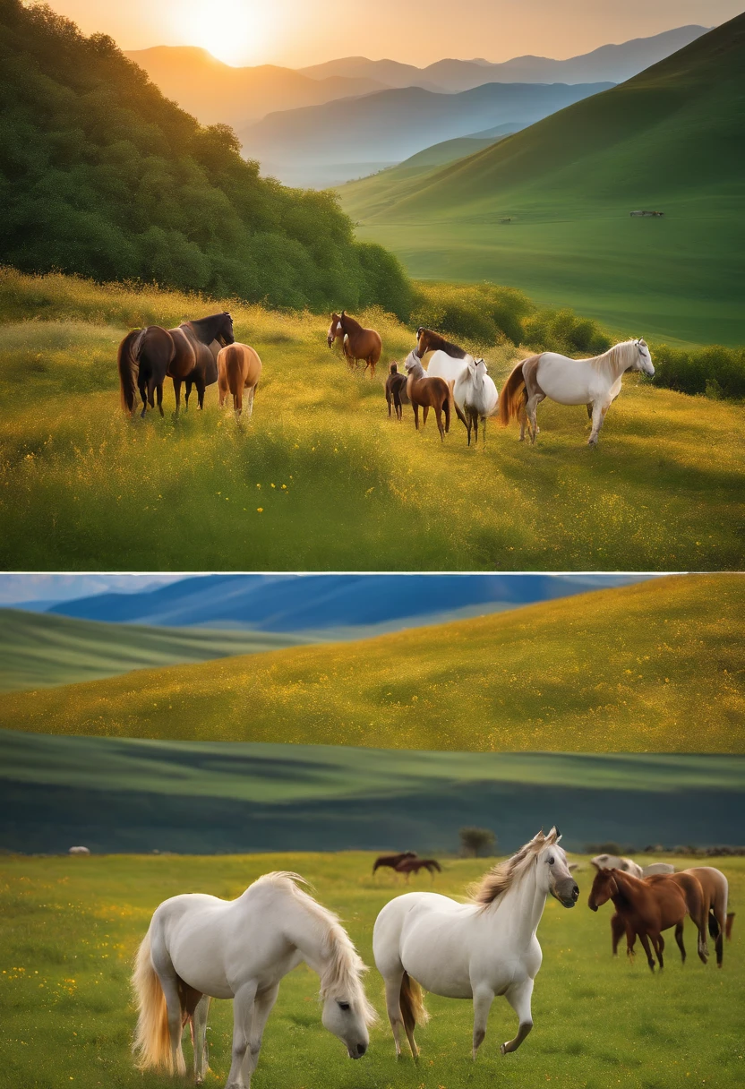 (best quality,4k,8k,highres,masterpiece:1.2),ultra-detailed,(realistic,photorealistic,photo-realistic:1.37),open landscape,beautiful flowers in the grass,clear blue sky and fluffy white clouds,vast grassland stretching far and wide,gentle breeze,rolling hills,majestic mountains in the distance,horses running freely,happy nomadic people living in harmony with nature,peaceful and serene atmosphere,natural beauty that takes your breath away,distant yurt camps,traditional Mongolian culture preserved,splashes of vibrant colors from the blooming flowers,gentle rustling of grass,tall grass swaying in the wind,dreamy and surreal ambiance,harmonious blend of nature and culture,timeless and picturesque scenery,soft sunlight illuminating the grassland,overflowing sense of freedom and tranquility;rugged and untouched land full of wonders, limitless horizon and infinite possibilities
