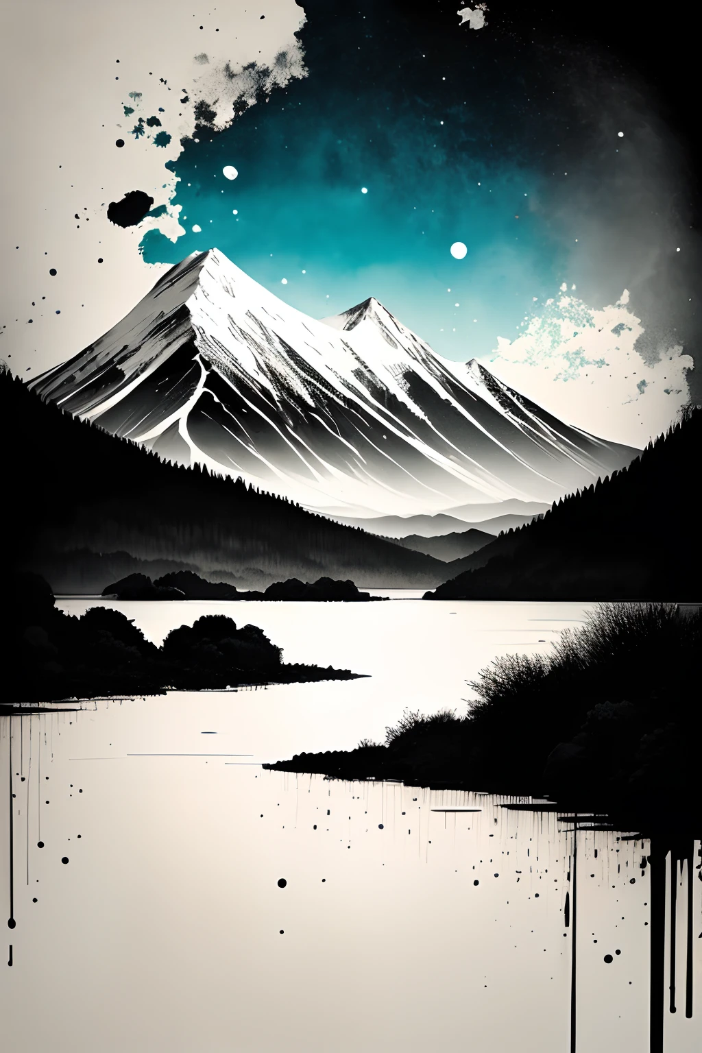 Circular design for a T-shirt, (La mejor calidad,4k,8k,Altas Resoluciones,Obra maestra:1.2),Ultra detallado,(realista,fotorrealista,fotorrealista:1.37),fondo blanco,paisaje,tinta,Mountains,Agua,trees,colorful trees,Rounding the Boundaries of the Drawing,Paisaje,Tonos de color suaves,Soft lighting