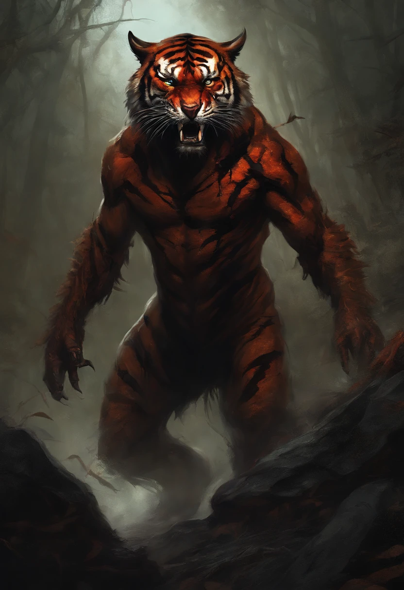 A painting of a humanoid tiger creature with a bloodied fangs, carnage, Sci - Horror Art of Fiction, Science fiction horror artwork, inspired by Aleksi Briclot, tiger, de carnage, Horror fantasy art, par Aleksi Briclot, Horror concept art, venin, Art fantastique et horreur, Detailed illustration of 4K horror, beast creature, Dark Horror Art