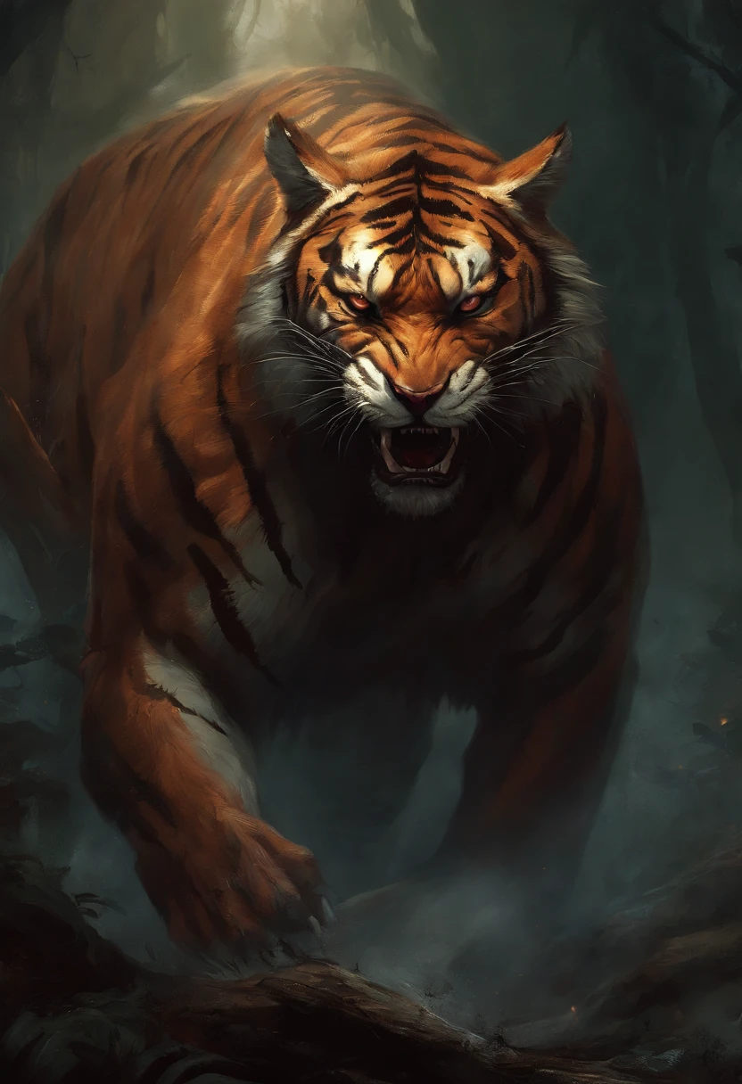 A painting of a humanoid tiger creature with a bloodied fangs, carnage, Sci - Horror Art of Fiction, Science fiction horror artwork, inspired by Aleksi Briclot, tiger, de carnage, Horror fantasy art, par Aleksi Briclot, Horror concept art, venin, Art fantastique et horreur, Detailed illustration of 4K horror, beast creature, Dark Horror Art
