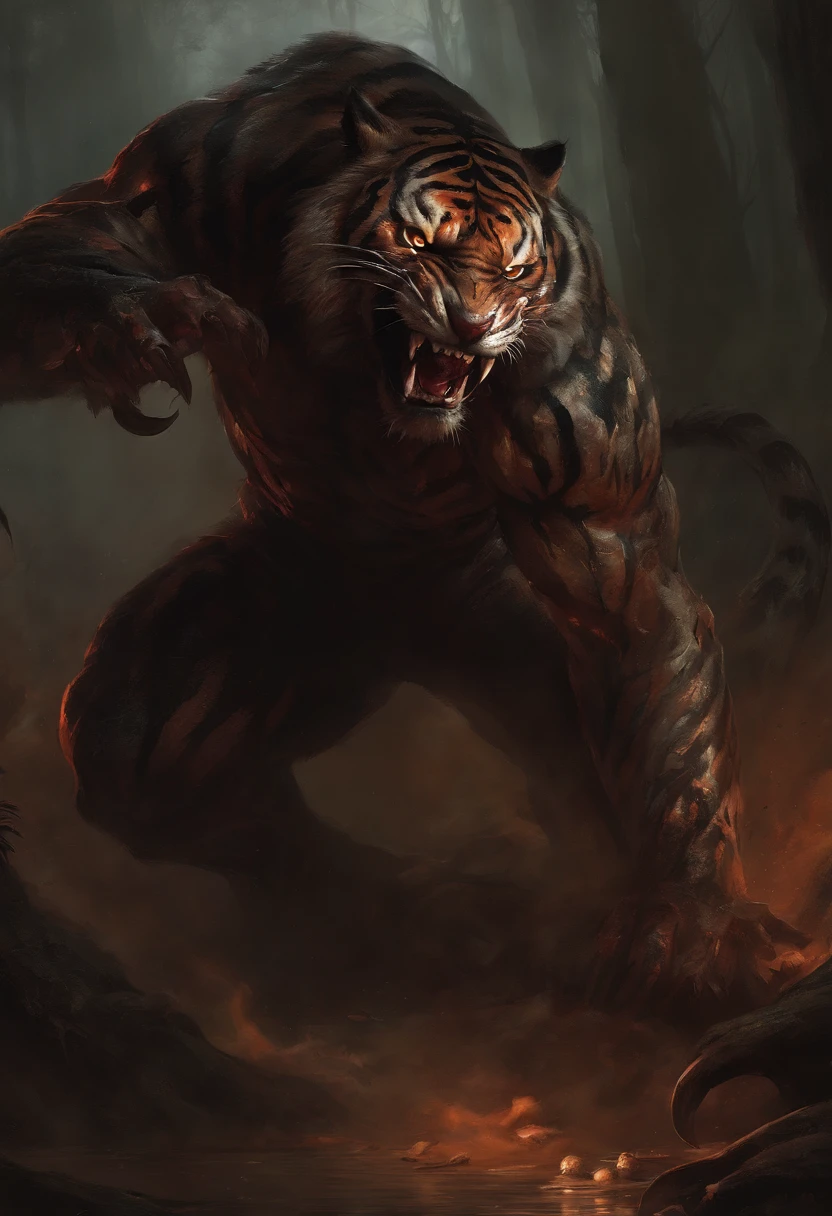 A painting of a humanoid tiger creature with a bloodied fangs, carnage, Sci - Horror Art of Fiction, Science fiction horror artwork, inspired by Aleksi Briclot, tiger, de carnage, Horror fantasy art, par Aleksi Briclot, Horror concept art, venin, Art fantastique et horreur, Detailed illustration of 4K horror, beast creature, Dark Horror Art