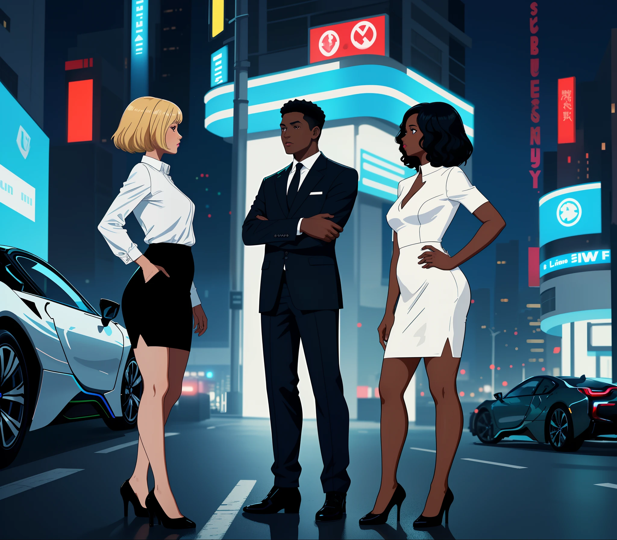 three people standing together, group of people, mix of ethnicities and genders, full body portrait of a group, a group of people, with anchor man hands in pockets in the center, blonde woman in suit and pencil skirt on the right, African American woman in dress with black hair on the left, stands in centers, varying ethnicities, professional vector graphic, character is standing, black woman in a dress, white woman in pencil skirt, flat vector graphic, side view dark bmw i8 coupe behind them with neon blue lights, night city background