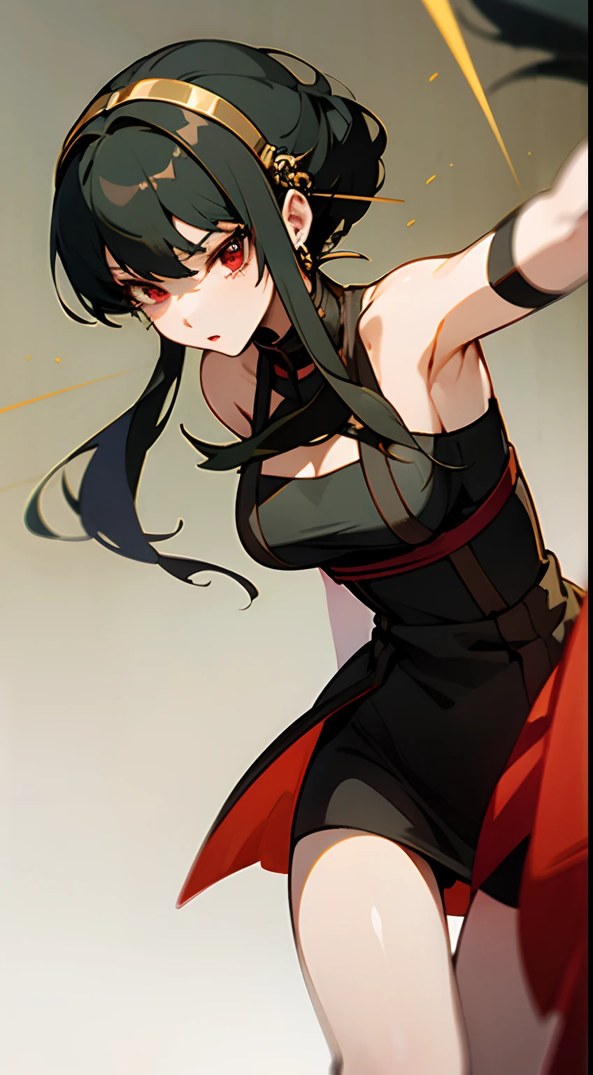 top-quality、​masterpiece、hight resolution、1girl in、Short stature、A slender、skinny thigh、Ayolf、Black hair、short hair with long locks、Gold Hair Band、Red Eyes、Black Dress、Gold Earrings、Jewelry、With weapons、Low posture、Fighting、Sleeveless、Unleash a kick, arm guards, gloves