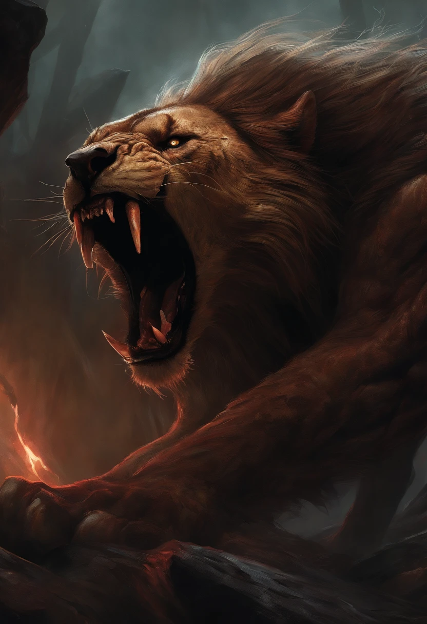 A painting of a humanoid Lion creature with a bloodied fangs, carnage, Sci - Horror Art of Fiction, Science fiction horror artwork, inspired by Aleksi Briclot, wolf, de carnage, Horror fantasy art, par Aleksi Briclot, Horror concept art, venin, Art fantastique et horreur, Detailed illustration of 4K horror, beast creature, Dark Horror Art