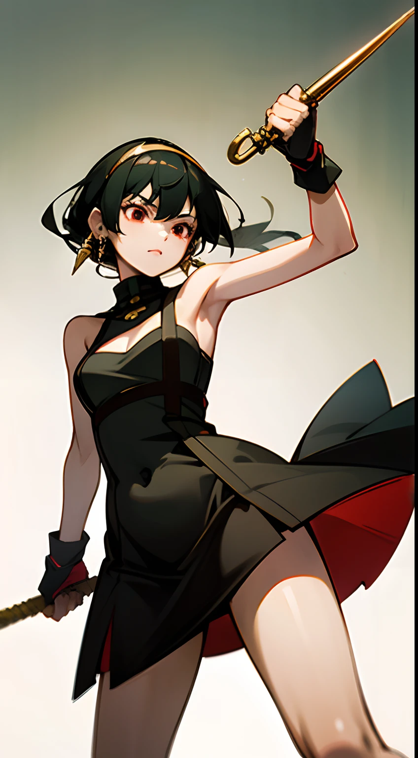 top-quality、masterpiece、hight resolution、1girl in、Short stature、A slender、skinny thigh、Ayolf、Black hair、short hair with long locks、Gold Hair Band、Red Eyes、Black Dress、Gold Earrings、Jewelry、With weapons、Low posture、Fighting、Sleeveless、Unleash a kick, arm guards, gloves