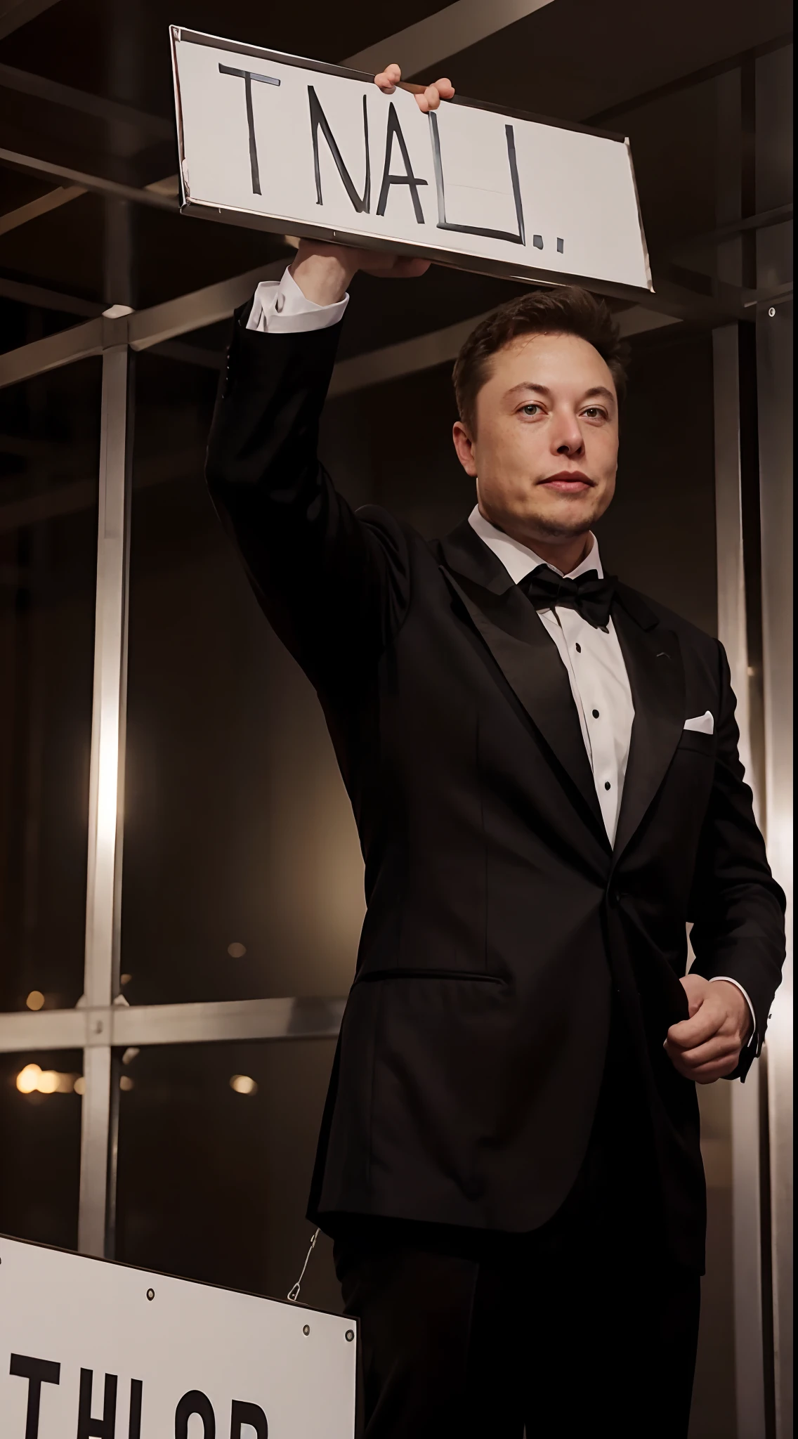 Elon Musk wearing a tuxedo and holding up a large sign that is 9:16 ratio