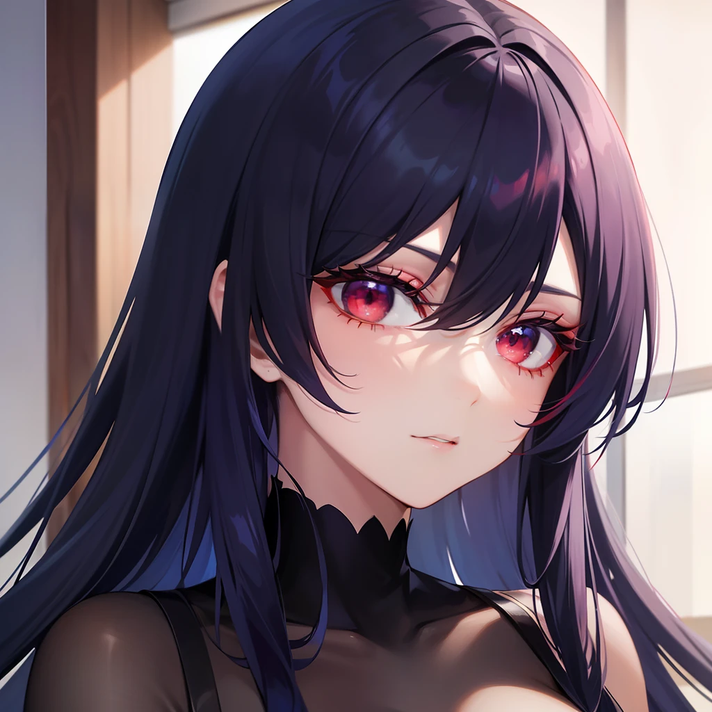 A pretty beautiful lady, with deep red eyes and long wolfcut midnight blue hair, looking at you in annoyance, a human, modern era.