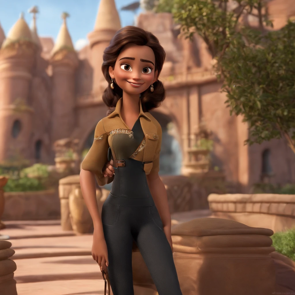 Imagem estilo Disney pixar, uma , pele clara, cabelo curto preto encaracolado, sorriso bonito, olhos castanhos, orelha pequena com um pequeno brinco de argola prateado, usando blusa na cor preta, blusa manga curta, Women's brown cargo pants with side pockets, white sneakers, andando num shopping,  for a story in a YouTube video in Pixar format, she's Ana Beatriz