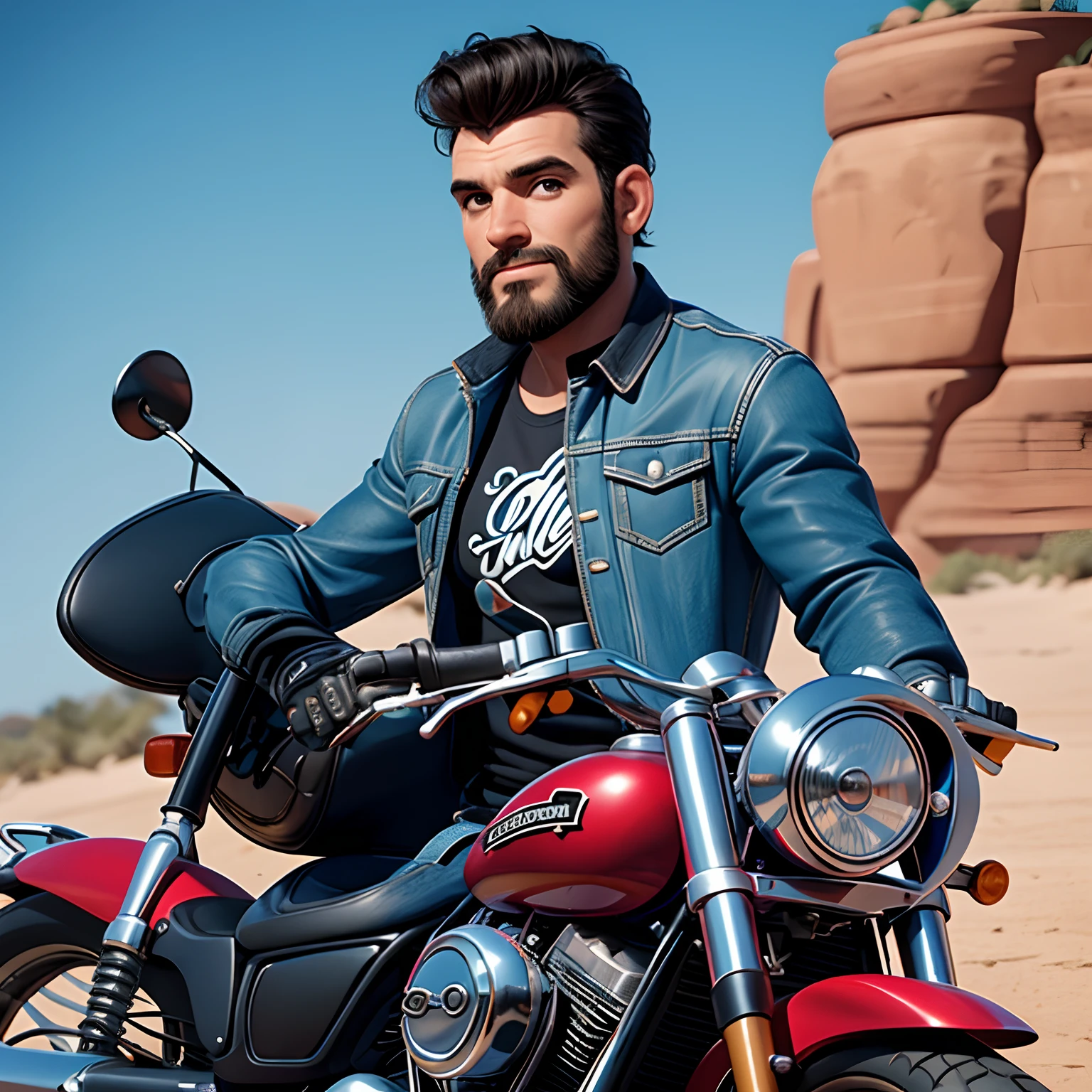 Disney Pixar, homem 40 anos, cabelo rapado, barba curta, alto, moreno, olhos castanhos, sobrancelhas delineadas, Upper jacket, moto Harley Davidson, estrada deserta, dia sol.