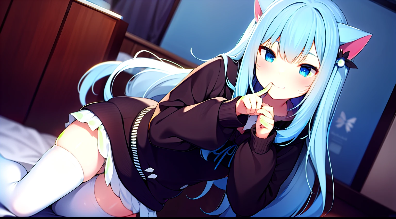 1girll,，inside in room，Detailed，High picture quality，Good quality，high qulity，black black jacket，White color blouse，a black skirt，Black stockings，Blue long hair，Good body，inside in room，catss，Background with，Rich scenes，The background of the details，eventide，blue colored eyes