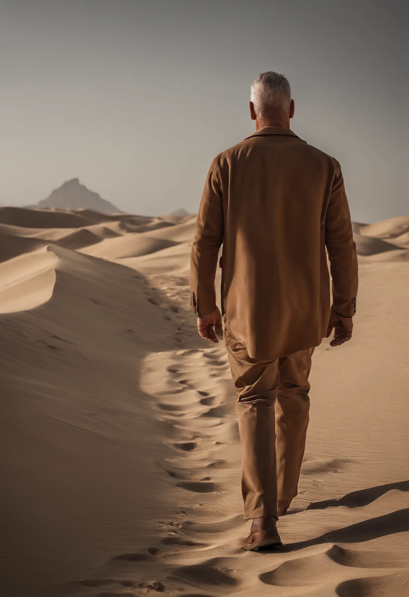 Man walking in the desert, back view, very short hair, dubai en fond, 50m from the camera, high contrast, couleurs chaudes, ultra realist, highly detailed, complicated, mise au point nette, profondeur de champ, Prise de vue moyenne, Hdr, 8k, (hyperrealism:1.2), (photoreallistic:1.2), prise avec le Canon EOS 5D Mark IV