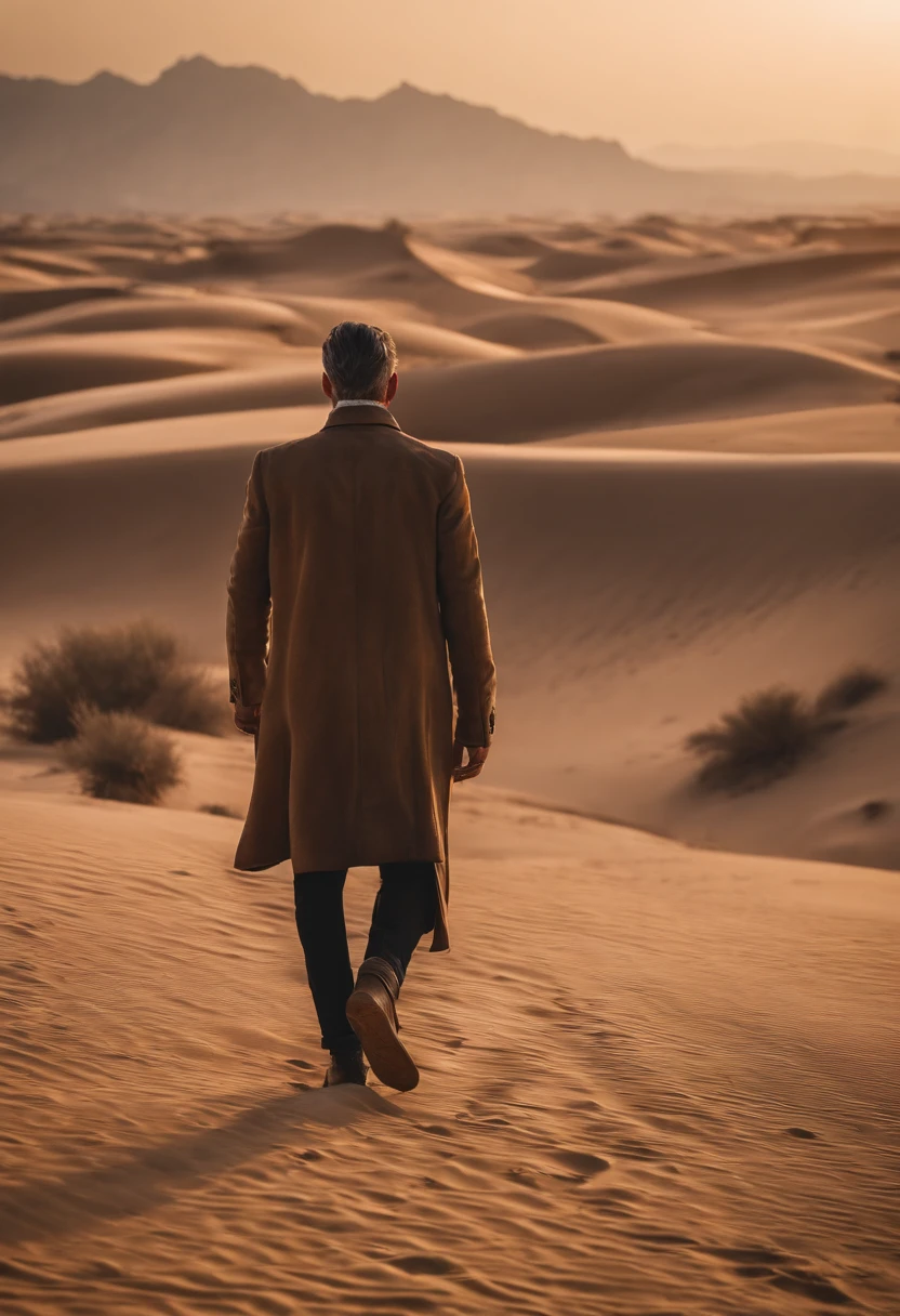 Man walking in the desert, back view, very short hair, dubai en fond, 50m from the camera, high contrast, couleurs chaudes, ultra realist, highly detailed, complicated, mise au point nette, profondeur de champ, Prise de vue moyenne, Hdr, 8k, (hyperrealism:1.2), (photoreallistic:1.2), prise avec le Canon EOS 5D Mark IV