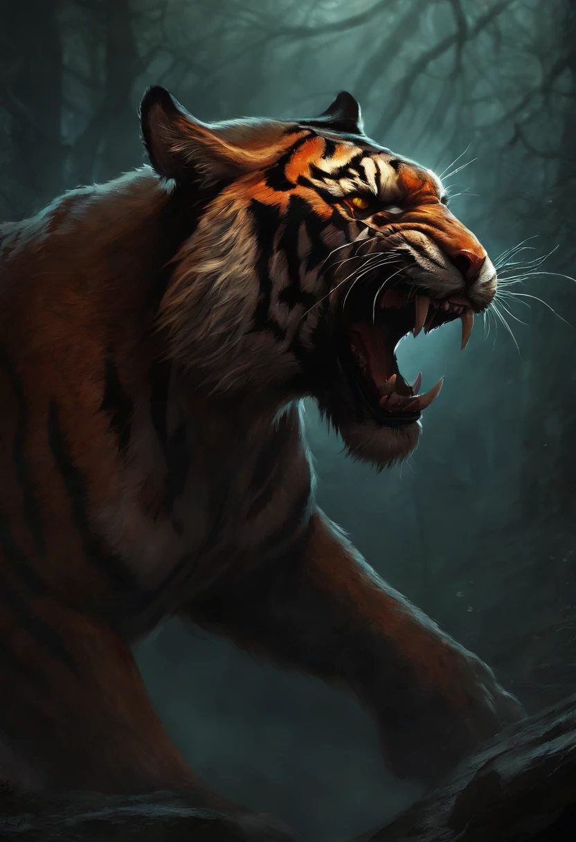 A painting of a humanoid tiger creature with a bloodied fangs, carnage, Sci - Horror Art of Fiction, Science fiction horror artwork, inspired by Aleksi Briclot, tiger, de carnage, Horror fantasy art, par Aleksi Briclot, Horror concept art, venin, Art fantastique et horreur, Detailed illustration of 4K horror, beast creature, Dark Horror Art
