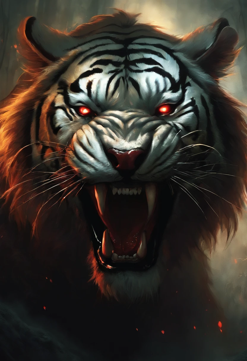 A painting of a humanoid tiger creature with a bloodied fangs, carnage, Sci - Horror Art of Fiction, Science fiction horror artwork, inspired by Aleksi Briclot, tiger, de carnage, Horror fantasy art, par Aleksi Briclot, Horror concept art, venin, Art fantastique et horreur, Detailed illustration of 4K horror, beast creature, Dark Horror Art