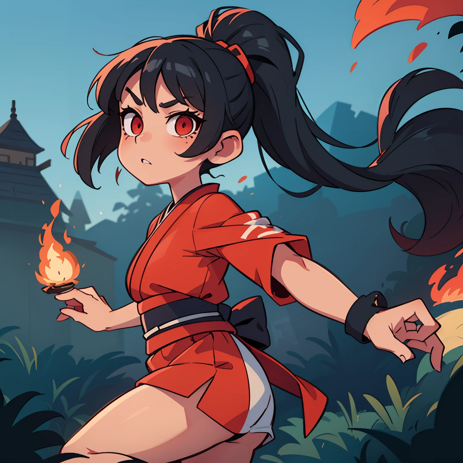Mia has had it for a long time, thick black hair, which she usually wears tied in a ponytail. Her eyes are dark red, Reminiscent of Fire, which makes them mysterious and piercing. She is always dressed in traditional ninja attire, consisting of a black kimono and combat armbands.