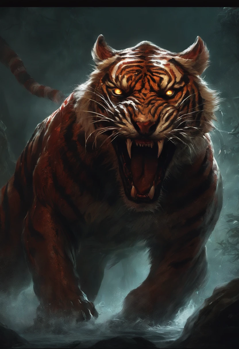 A painting of a humanoid tiger creature with a bloodied fangs, carnage, Sci - Horror Art of Fiction, Science fiction horror artwork, inspired by Aleksi Briclot, tiger, de carnage, Horror fantasy art, par Aleksi Briclot, Horror concept art, venin, Art fantastique et horreur, Detailed illustration of 4K horror, beast creature, Dark Horror Art