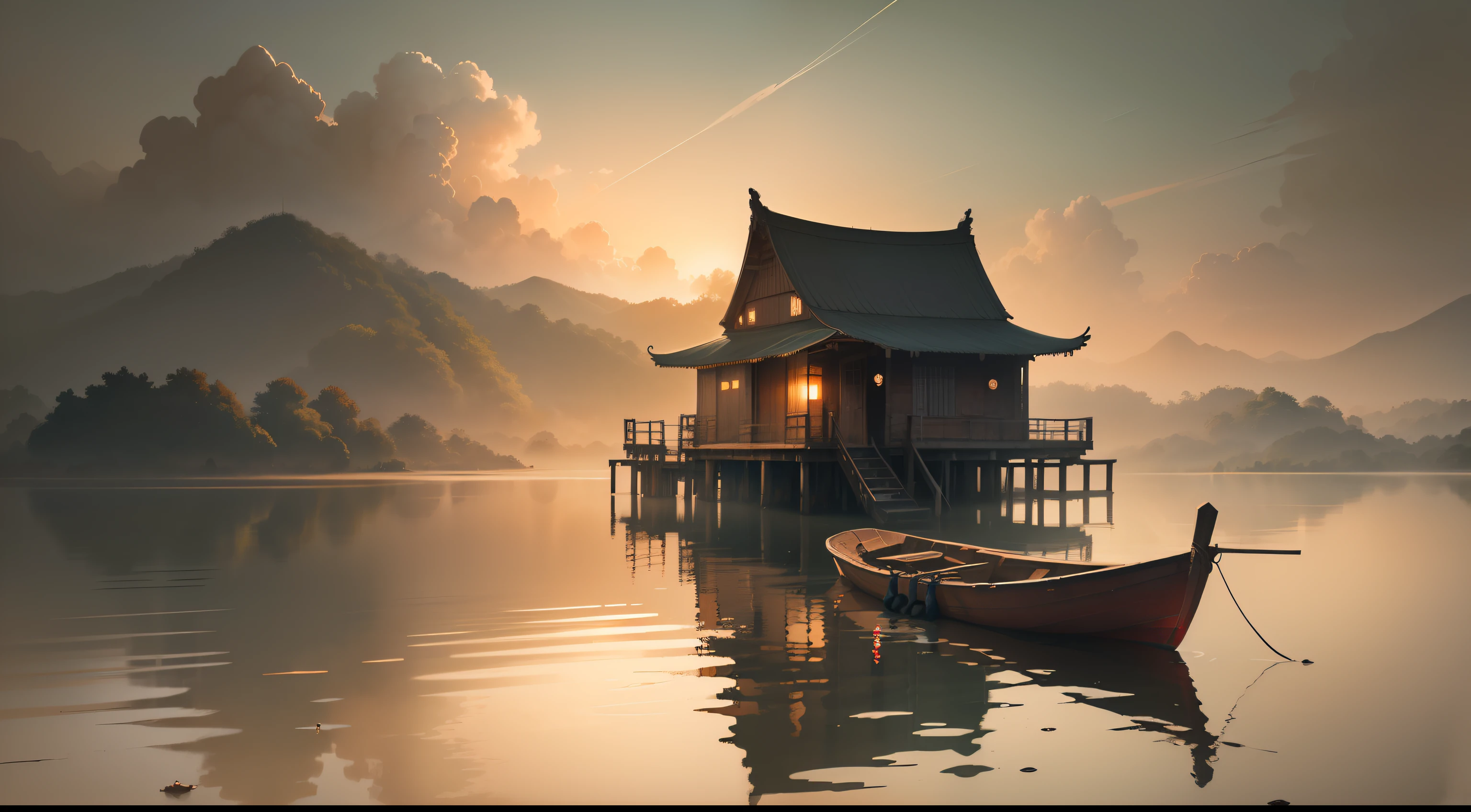 muted chinese ink painting, muted colors, rice paper texture, splash paint, Ninh Binh town, boat, red sun, Old cottage. Lakeside. Morning light. Clouds wet to wet techniques.