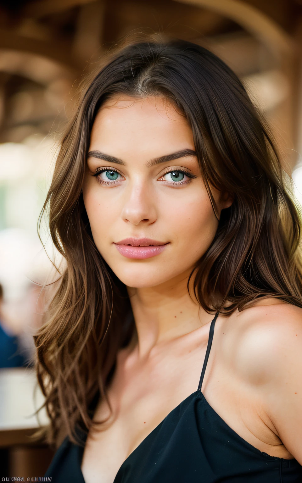 Beautiful brunette with blonde highlights wearing vestito corto nero (in a restourant), Very detailed, 22 years old, innocent face, natural wavy hair, blue eyes, High resolution, masterpiece, Best quality, intricate high detail, highly detailed, sharp focus, detailed skin, realistic skin texture, texture, detailed eyes, professional, 4K, charming smile, filmed on Canon, 85 mm, shallow depth of field, Kodak Vision Color, perfect fit body, Extremely detailed, photography_(ultra), photorealistic, Realistic, Post-processing, Maximum details, roughness, real life, ultra realistic, photorealism, photography, 8K UHD, photography