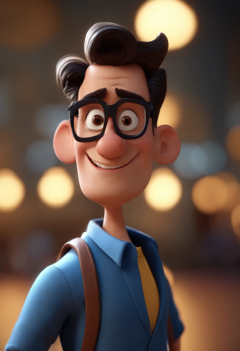 Cartoon character of a man with black glasses and a blue shirt, animation character, Caractere estilizado, animation style rendering, 3D estilizado, Arnold Maya render, 3 d render stylized, toon render keyshot, Personagem 3D, Personagem 3D, 3d rendering stylized, 3 d character render, personagem de desenho animado, Personagem de close up, Pose de personagem, (Estilo Pixar) (master part:1.2) (Bokeh) (best quality) (pele detalhada) (textura detalhada) (8k) (argila) (Cinematic lighting) (foco nítido