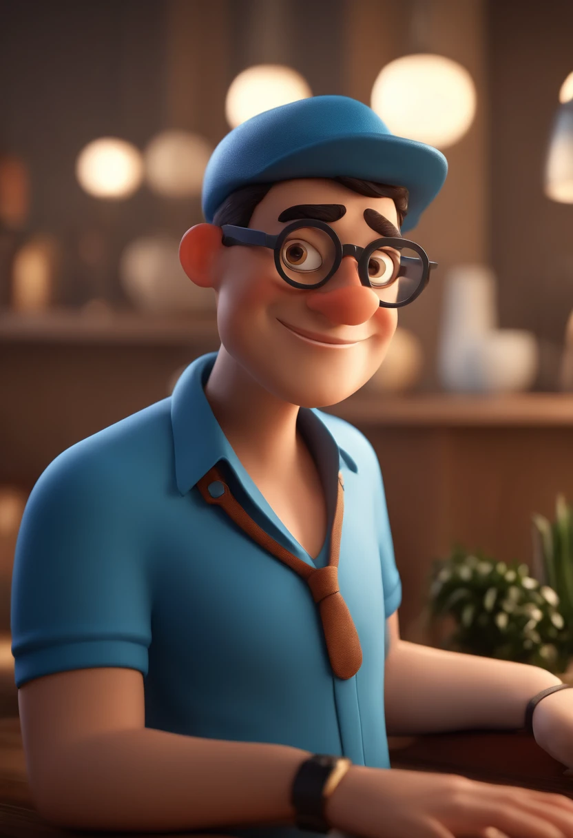 Cartoon character of a man with black glasses and a blue shirt, animation character, Caractere estilizado, animation style rendering, 3D estilizado, Arnold Maya render, 3 d render stylized, toon render keyshot, Personagem 3D, Personagem 3D, 3d rendering stylized, 3 d character render, personagem de desenho animado, Personagem de close up, Pose de personagem, (Estilo Pixar) (master part:1.2) (Bokeh) (best quality) (pele detalhada) (textura detalhada) (8k) (argila) (Cinematic lighting) (foco nítido