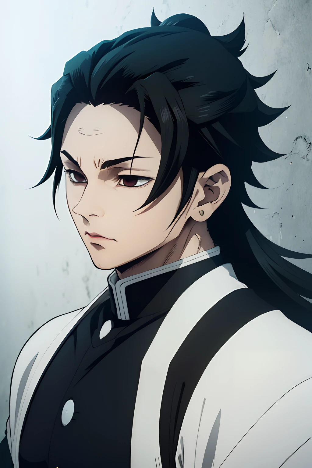 white young man, black hair, suguru geto hairstyle, uniforme demon slayer, sword, lindo, beautiful young, strong, perfect face