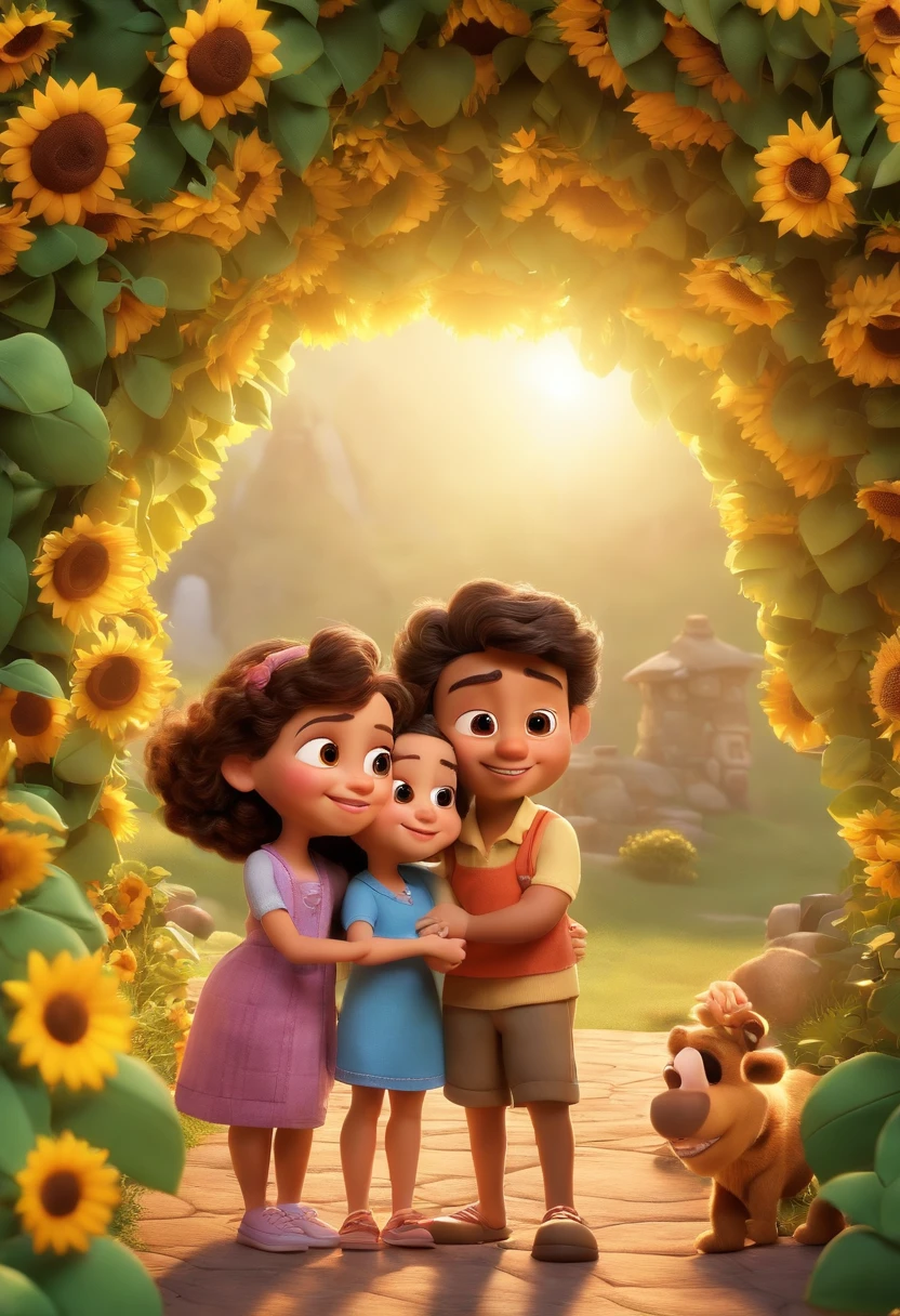 Create a Disney PIXAR-style 3D poster. ((centro da imagem, Triplets)), ((3 )) ((1 menino no meio e 2 meninas ao lado, They're hugging each other, O menino tem pele castanha e cabelos castanhos escuros e olhos castanhos escuros, 1 menina tem pele clara, olhos e cabelos escuros e cacheados, e a outra menina tem pele morena, olhos escuros e cabelos escuros e lisos)) ((tudo isso no estilo Disney PIXAR 3D, In the background, A house of sunflowers, Gloria Studio, The garden is full of nature 3D render RTX clay material, estilo de design cartunesco, POP Mart, soft lighting, linhas suaves, Spring tilt, Detailed illustrations of PIXAR 3D, Detalhes hiper-realistas, cor quente no estilo Disney PIXAR 3D))