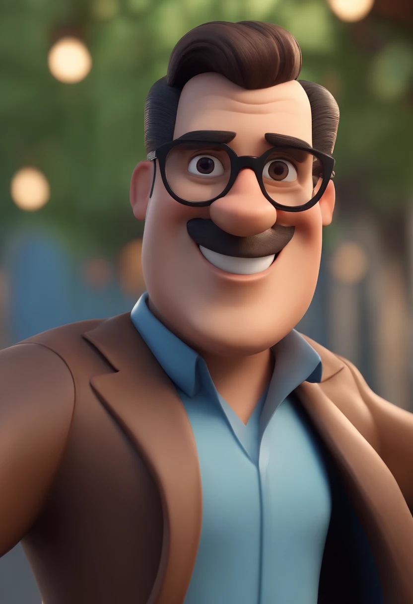 Cartoon character of a man wearing black glasses and a blue shirt, um personagem animado, Caractere estilizado, animation style rendering, 3D estilizado, Arnold Maya render, 3 d render stylized, toon render keyshot, Personagem 3D, Personagem 3D, 3d rendering stylized, 3 d character render, personagem de desenho animado, Personagem de close up, Pose de personagem, (Estilo Pixar) (master part:1.2) (Bokeh) (best quality) (pele detalhada) (textura detalhada) (8k) (argila) (Cinematic lighting) (foco nítido,Senta e vaza a parte superior do corpo