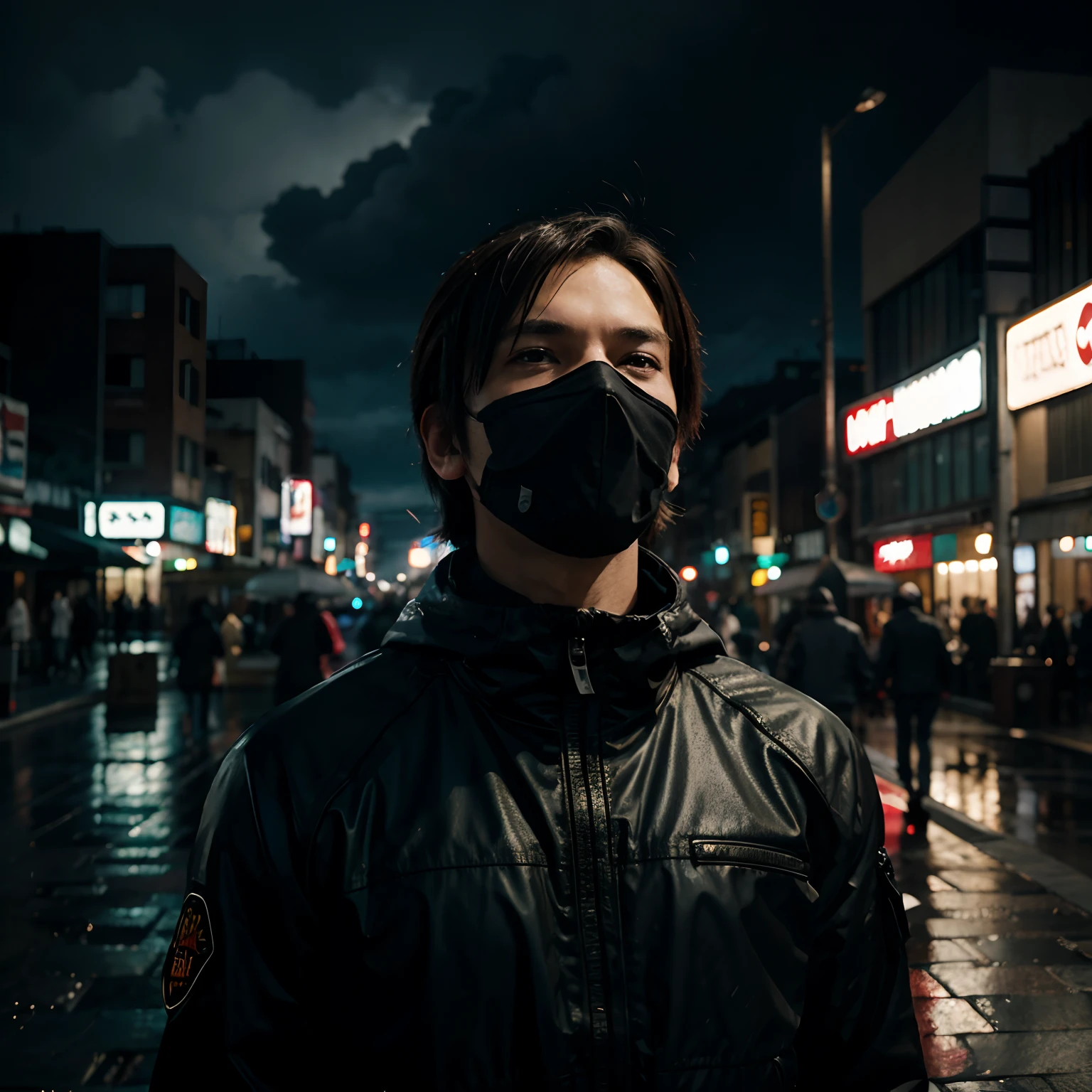 Young man look like leon kennedy wearing ninja mask looking up at the rainy sky,cyberpunk,ultra-detailliert. anime image. by makoto shinkai, anime art wallpaper 4k, anime art wallpaper 4k, Anime art wallpaper 8k, anime wallpaper 4k, anime wallpaper 4k, 4K Anime Wallpapers, Anime Sky, amazing wallpapers, anime backgrounds, Anime Background Art